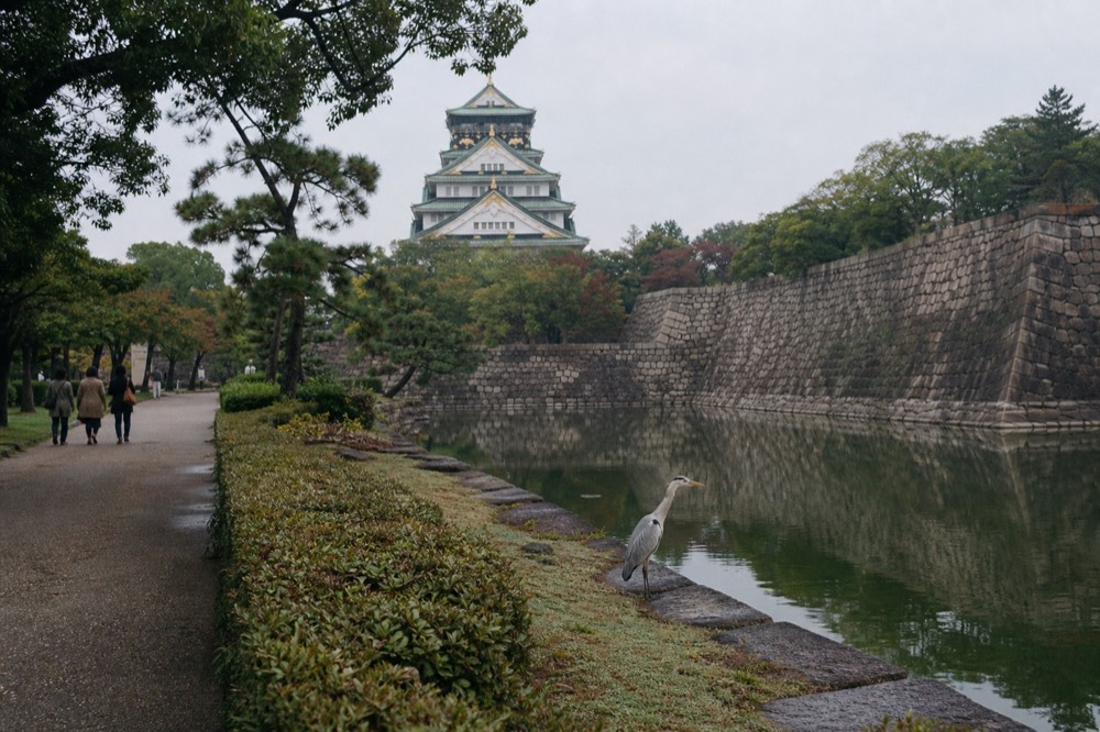 Visitors walking along the moat path toward a white castle keep