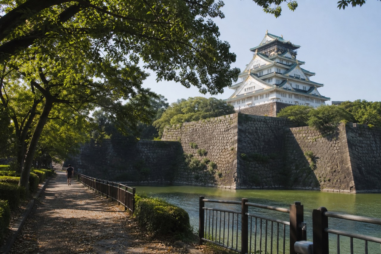 Osaka Castle tower rising above the park moat and tree canopy