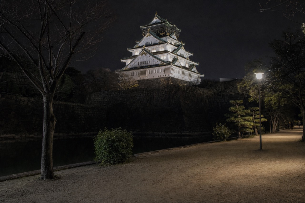 Osaka Castle keep floodlit at night above the dark park