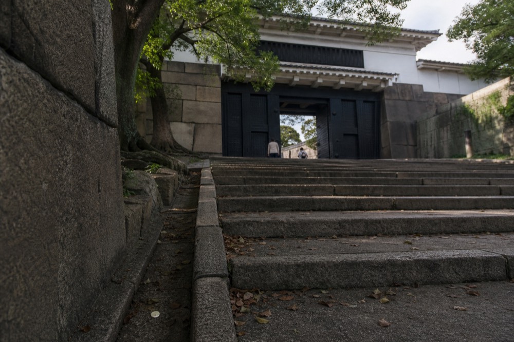 A stone stairway climbing toward a massive castle gate among trees