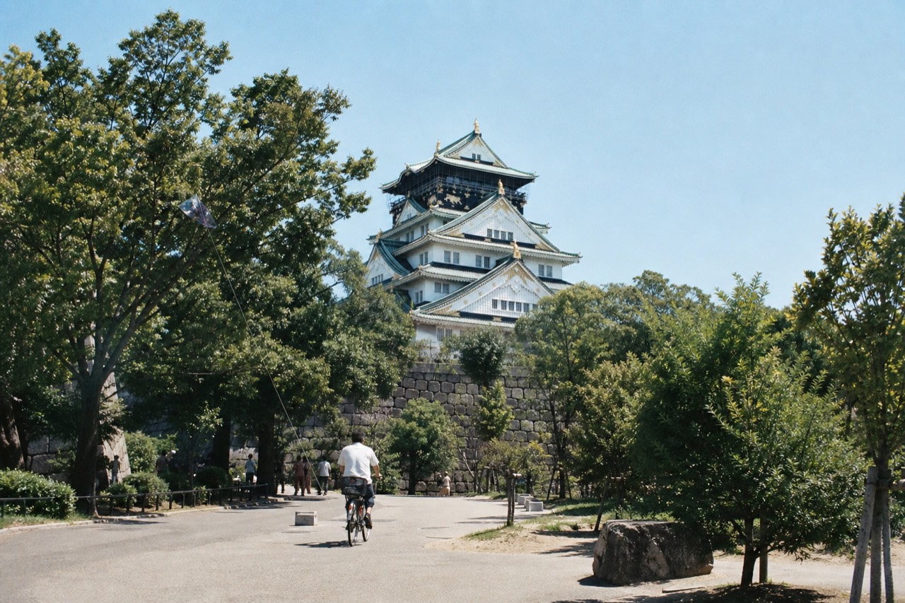 The white tower of Osaka Castle rising above the park trees under a clear sky