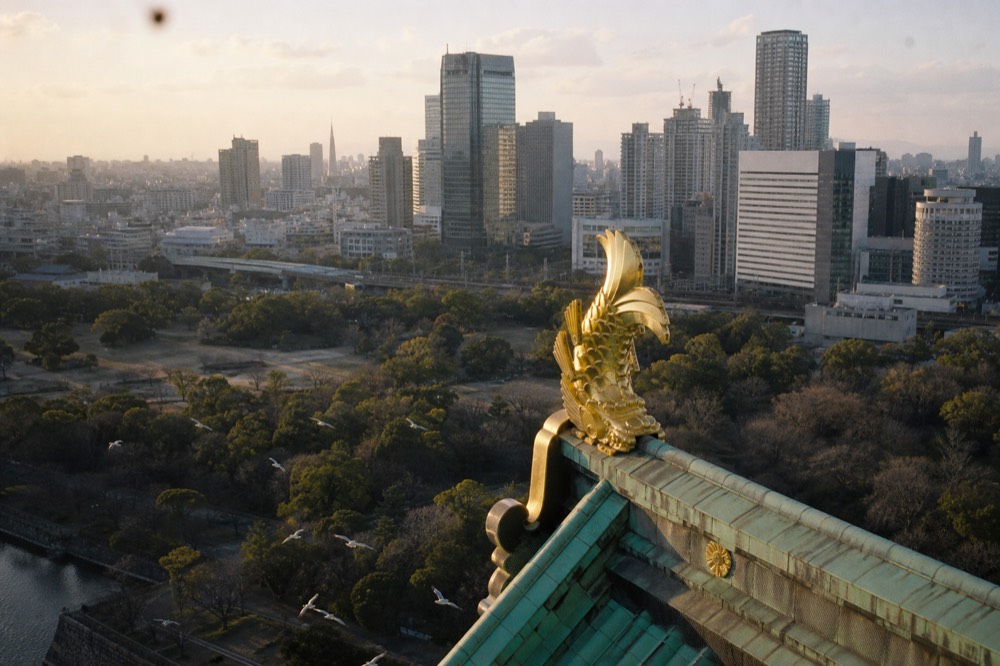 The golden shachihoko on the roof of Osaka Castle, with the city skyline behind it