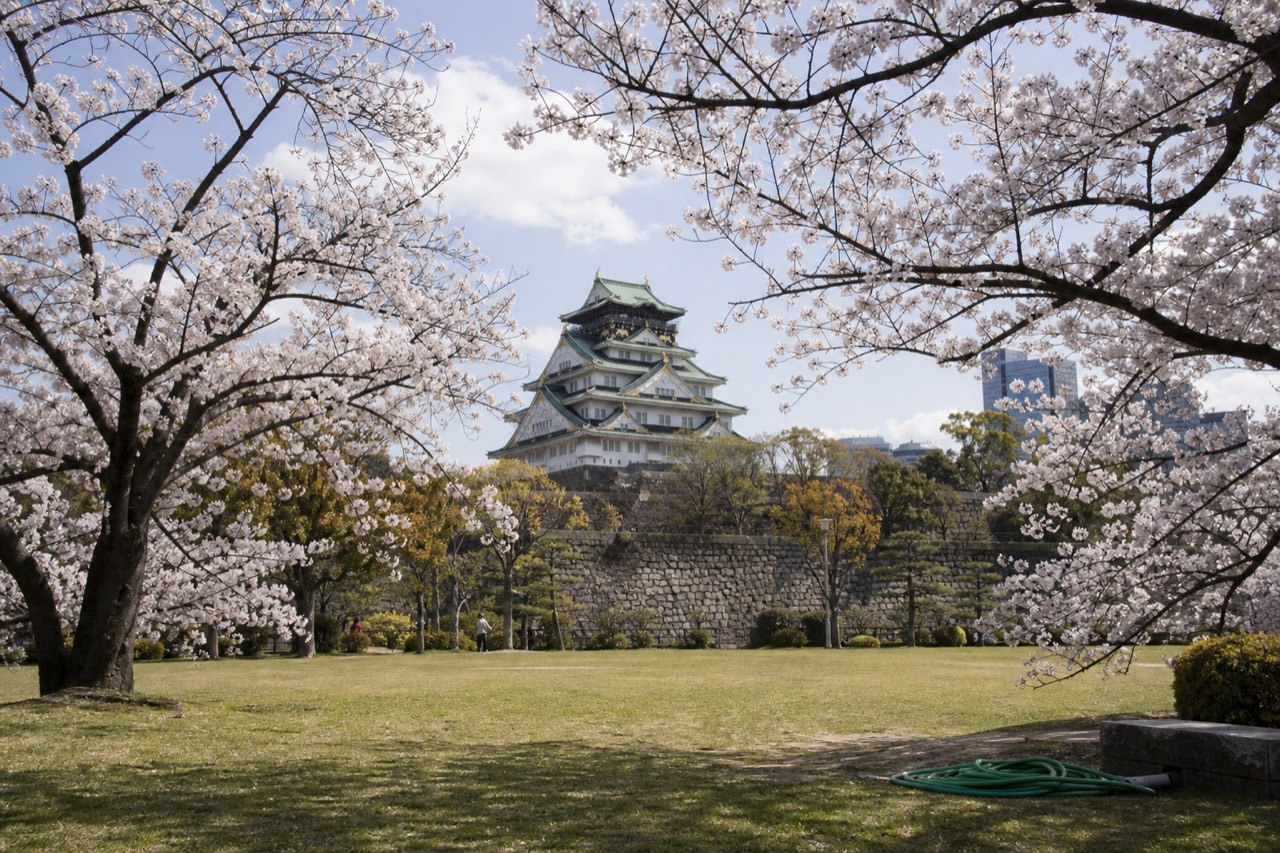 Osaka Castle's main tower across the lawn with the park in sunlight