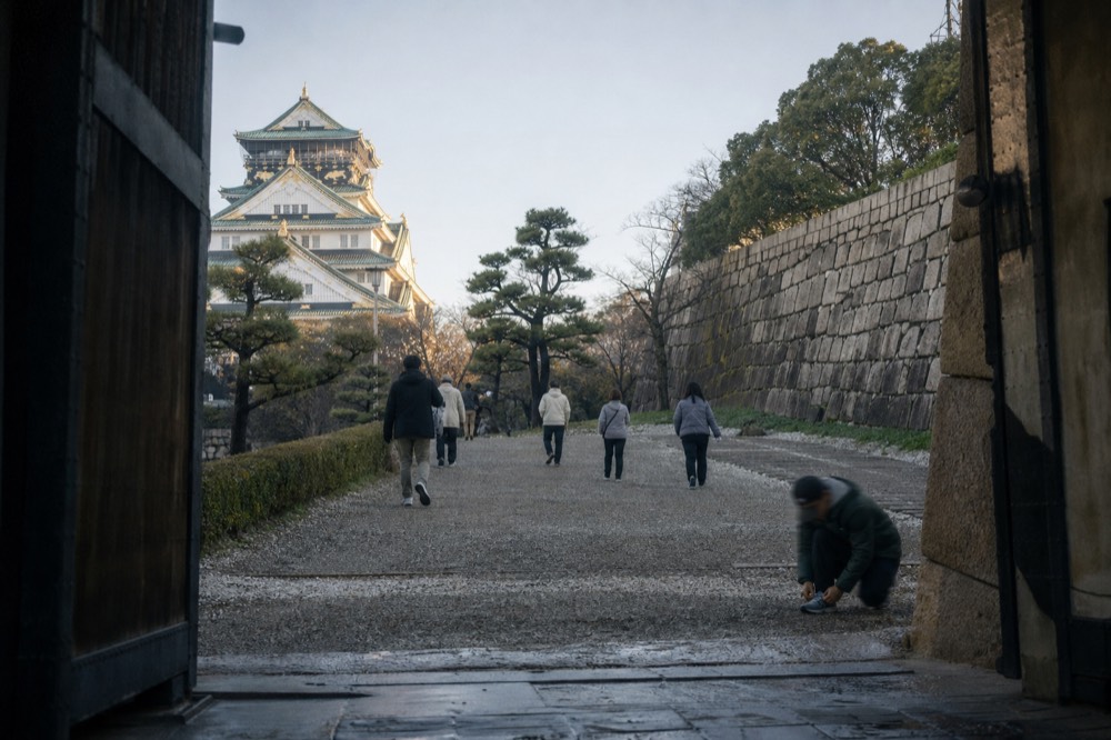 Visitors walking the stone-lined path toward the castle keep through the park