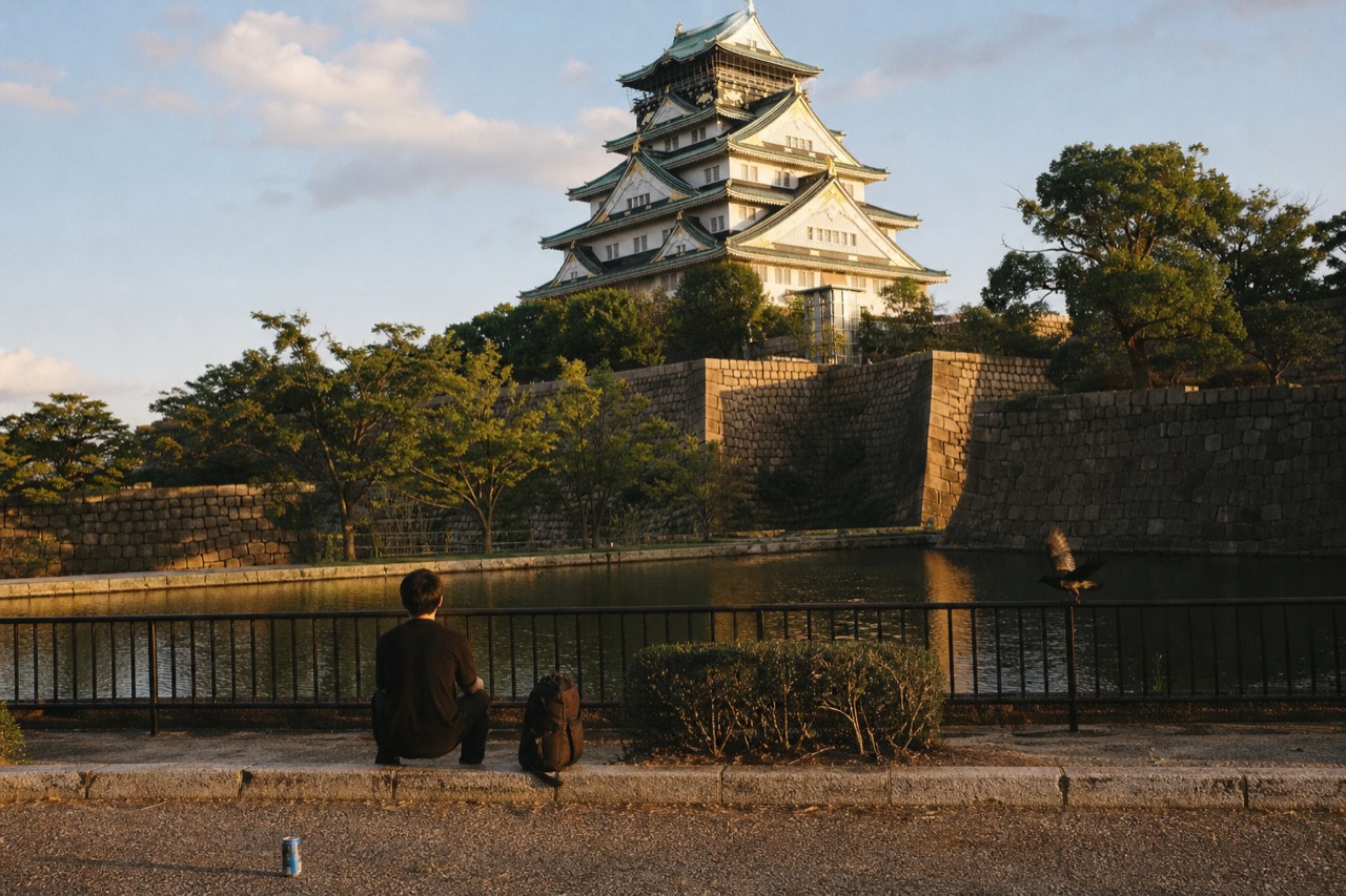 Osaka Castle white tower rising above moat and stone walls with green trees