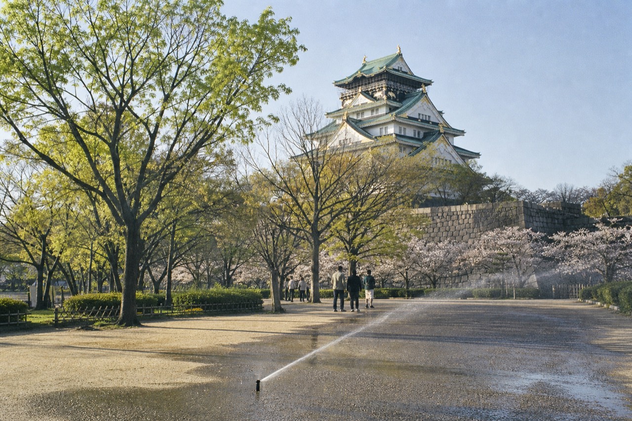 Osaka Castle tower rising above trees in the park