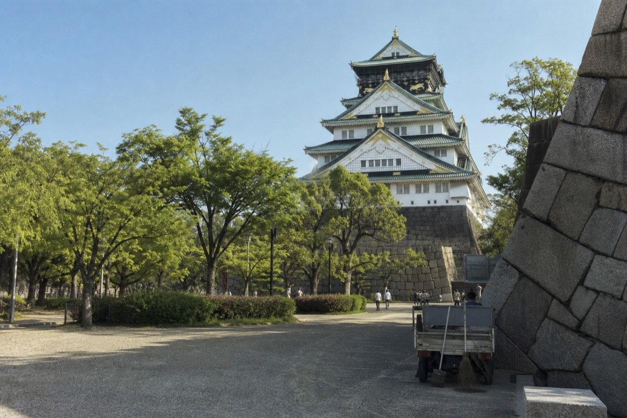 Osaka Castle Main Tower rising above stone walls and green parkland under a clear sky