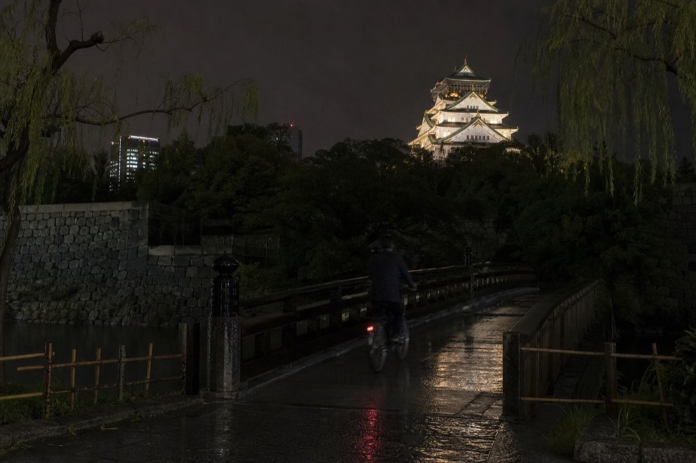 The castle tower illuminated at night above the dark moat and tree line