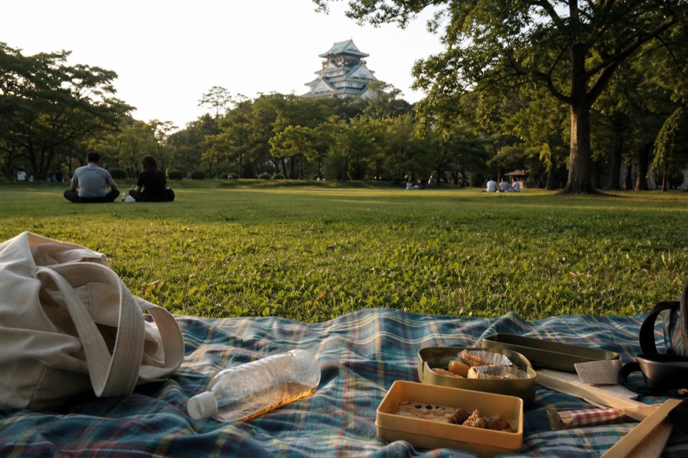 A picnic on the free lawns of Osaka Castle Park with the tower in the background