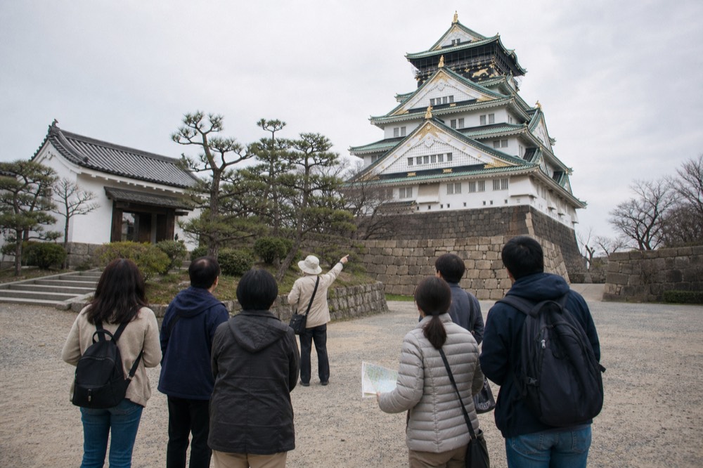A guide gesturing toward the main tower while the group stands on the castle grounds.