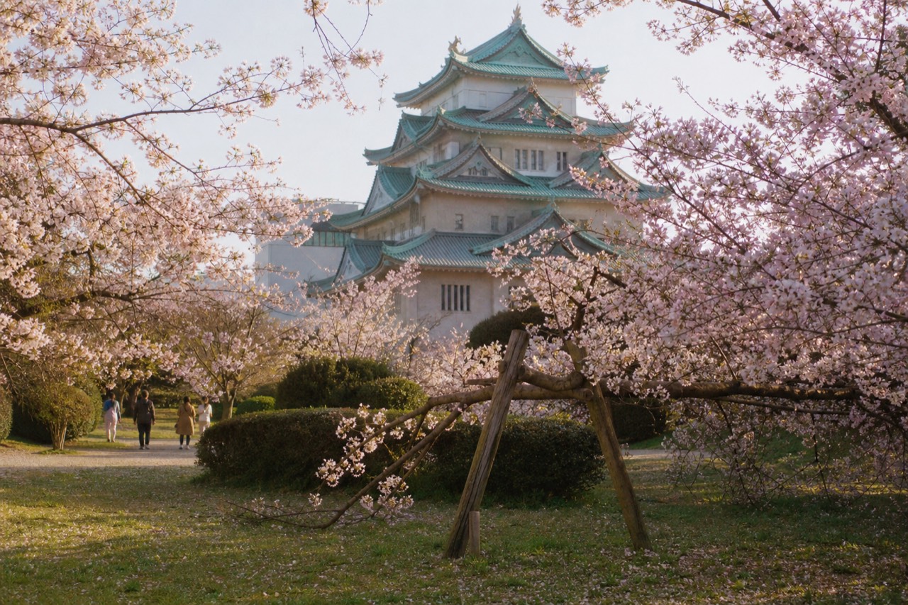 Osaka Castle Main Tower seen from the Nishinomaru Garden with cherry blossoms