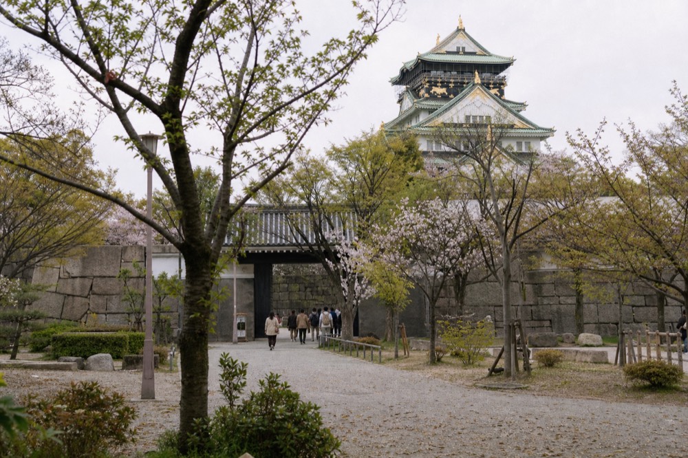 A castle tower and moat wall viewed from a park path with trees