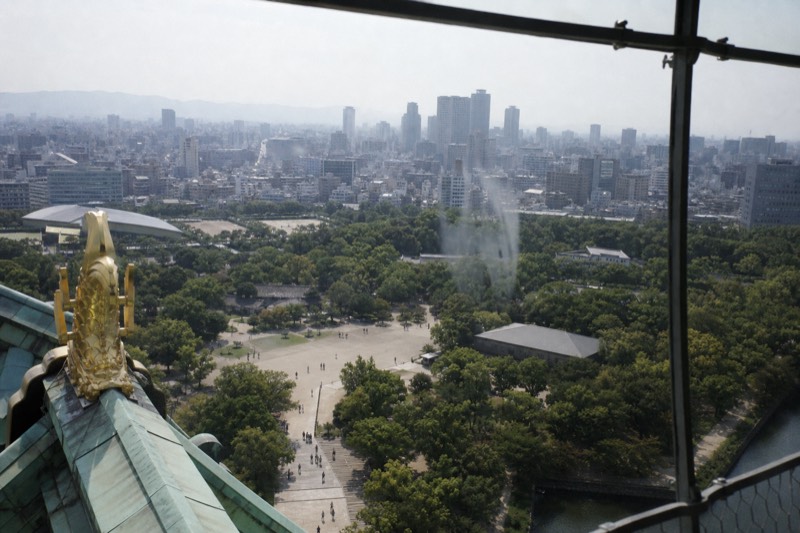 The view over Osaka Castle Park from the eighth-floor observation deck of the Main Tower