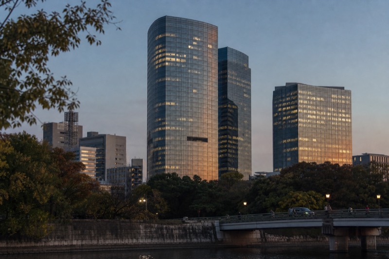 The Osaka Business Park skyline north of Osaka Castle at dusk