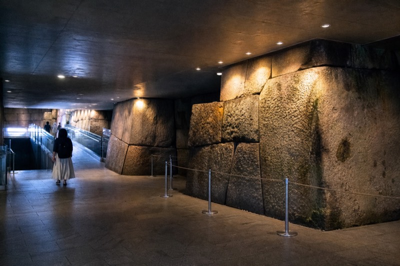 The exposed Toyotomi-era stone wall in the underground gallery at Osaka Castle